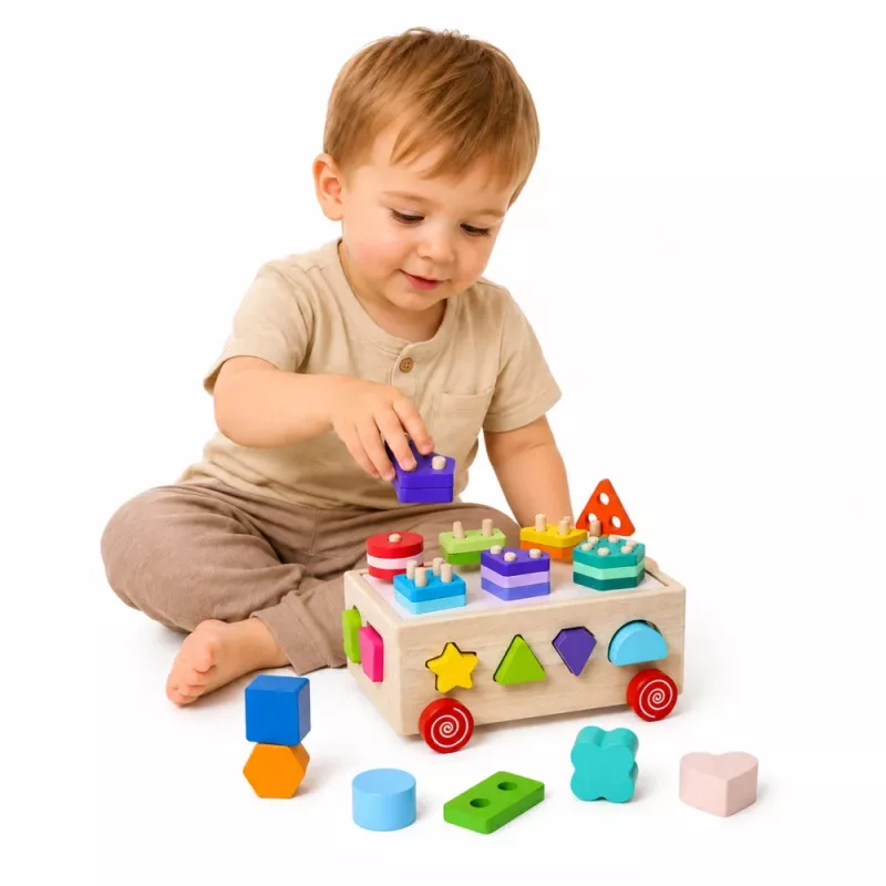LEAN TOYS Juguete educativo Montessori de madera clasificador con ruedas formas y números
