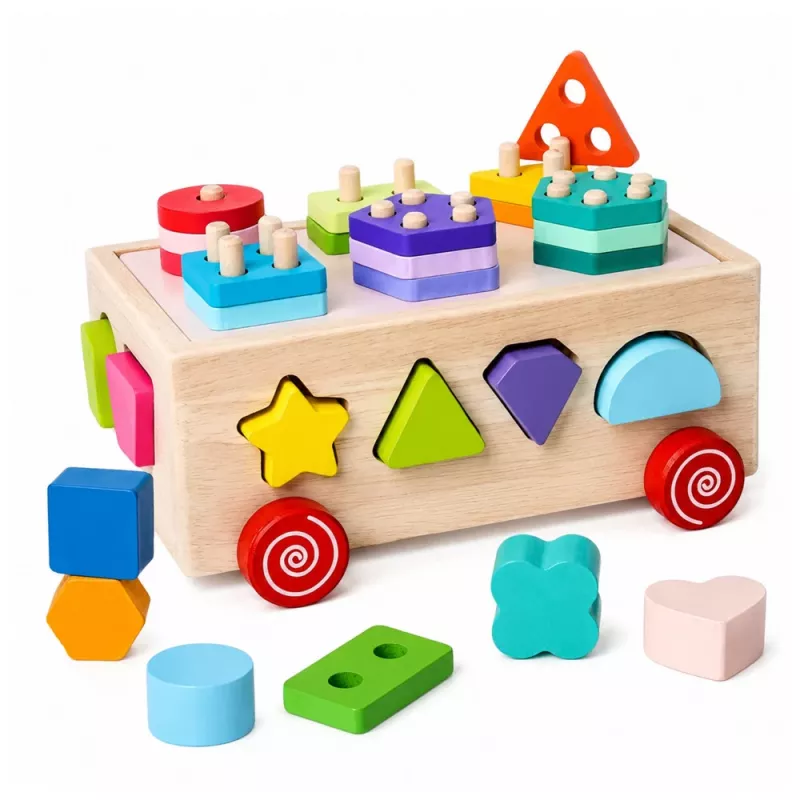 LEAN TOYS Juguete educativo Montessori de madera clasificador con ruedas formas y números