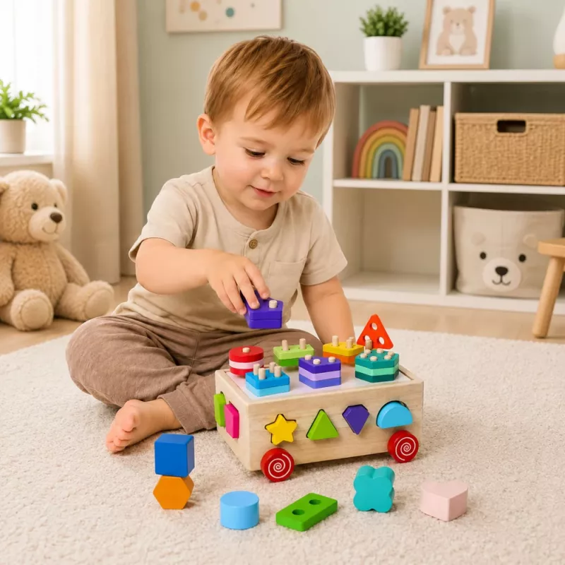 LEAN TOYS Juguete educativo Montessori de madera clasificador con ruedas formas y números