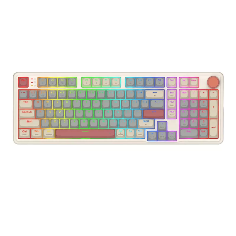 Teclado gaming mecánico inalámbrico RGB Redragon K768WGR-WL EISA 100, diseño 96%, switches rojos hot-swappable, Blanco/Gris