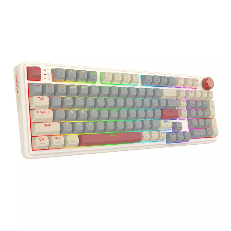 Teclado gaming mecánico inalámbrico RGB Redragon K768WGR-WL EISA 100, diseño 96%, switches rojos hot-swappable, Blanco/Gris