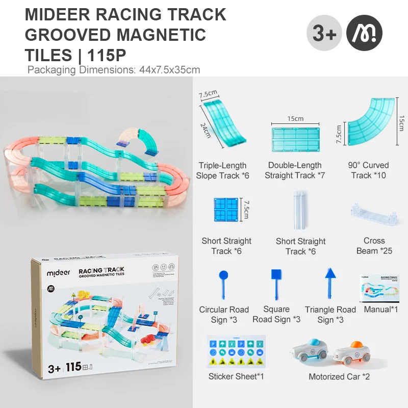 Mideer MD6395 circuito magnético de carreras con 2 coches, 115 piezas, 3+ años