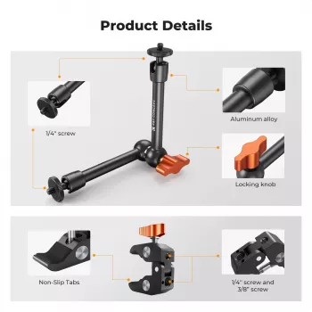 KF Magic Arm + Super Clamp Kit de montaje con rosca de 1/4 de pulgada y 3/8 de pulgada, mordaza de 15-55 mm, Negro
