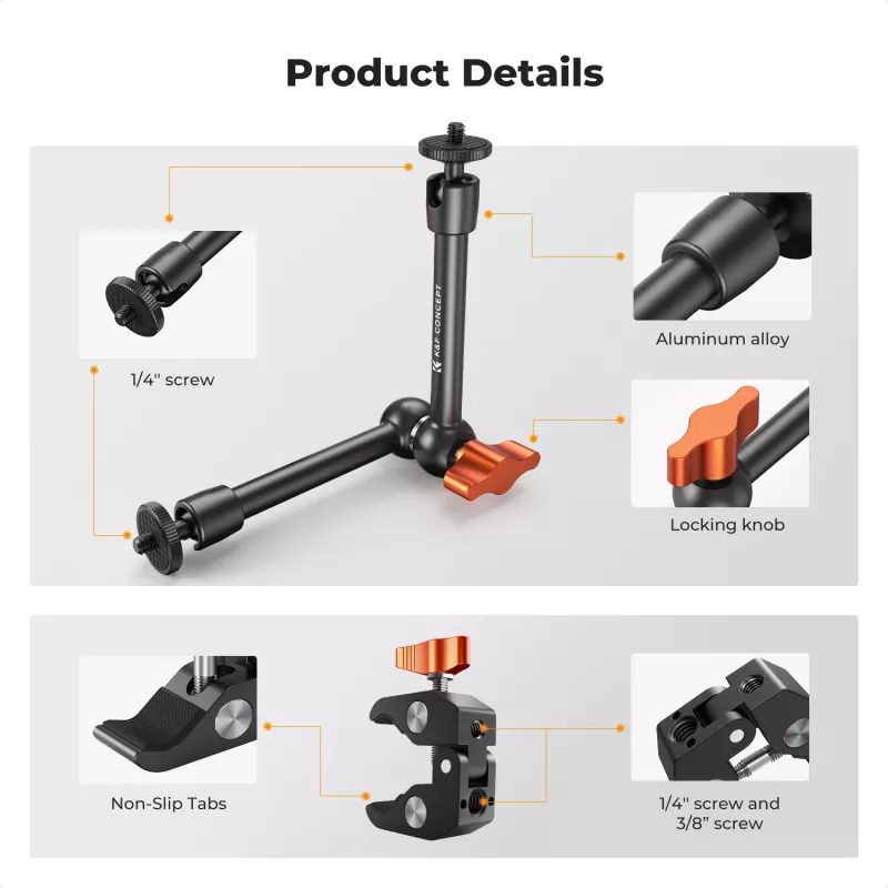 KF Magic Arm + Super Clamp Kit de montaje con rosca de 1/4 de pulgada y 3/8 de pulgada, mordaza de 15-55 mm, Negro