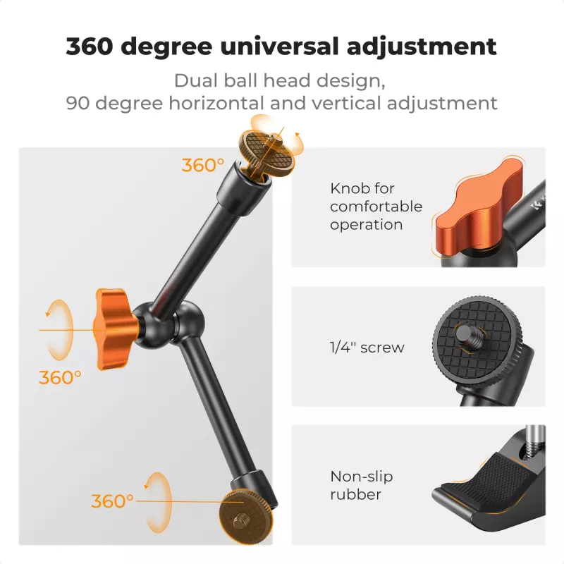 KF Magic Arm + Super Clamp Kit de montaje con rosca de 1/4 de pulgada y 3/8 de pulgada, mordaza de 15-55 mm, Negro
