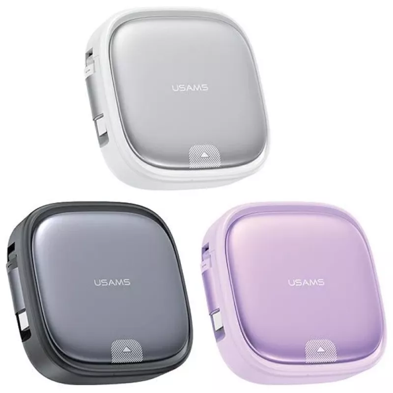 USAMS Cable de carga enrollable 3 en 1 con caja de almacenamiento USB-A a USB-C/Lightning/Micro USB 60W lila SJ650USB03 (US-SJ650)