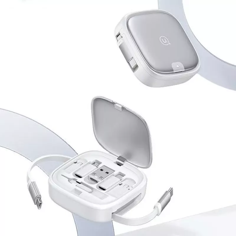 USAMS Cable de carga enrollable 3 en 1 con caja de almacenamiento USB-A a USB-C/Lightning/Micro USB 60W lila SJ650USB03 (US-SJ650)