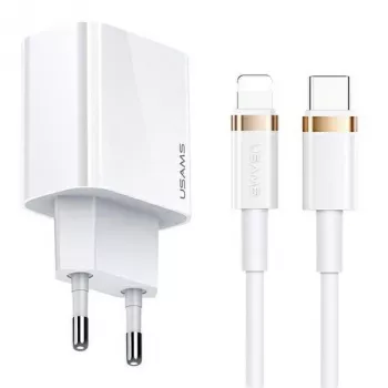 USAMS T34 Cargador de pared USB-C PD de 20W con kit de cable USB-C a Lightning U63 - blanco