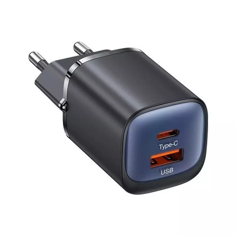 USAMS CC254 Fuente de alimentación de carga rápida GaN USB-C/USB-A de 30W HC Series negra