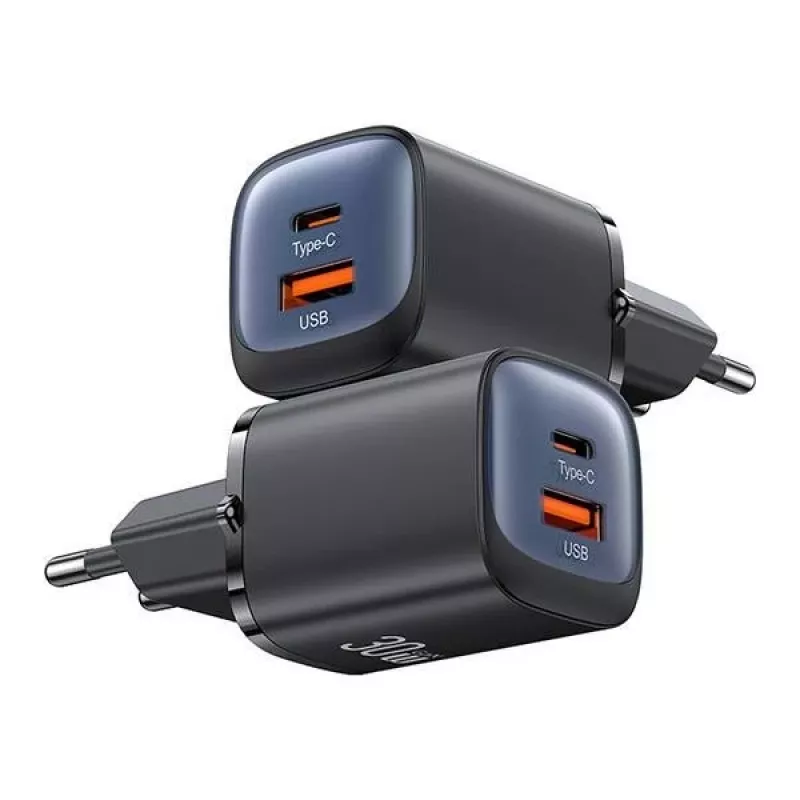 USAMS CC254 Fuente de alimentación de carga rápida GaN USB-C/USB-A de 30W HC Series negra