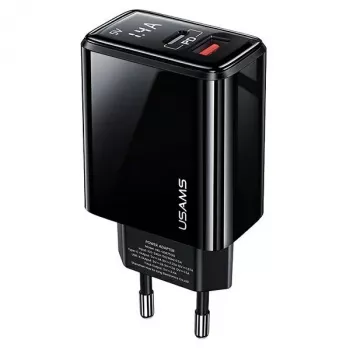 USAMS Cargador de pared de doble puerto USB-C PD3.0 de 20W + USB-A QC3.0 (enchufe EU, negro)