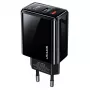 USAMS Cargador de pared de doble puerto USB-C PD3.0 de 20W + USB-A QC3.0 (enchufe EU, negro)