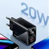 USAMS Cargador de pared de doble puerto USB-C PD3.0 de 20W + USB-A QC3.0 (enchufe EU, negro)