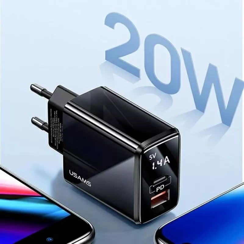 USAMS Cargador de pared de doble puerto USB-C PD3.0 de 20W + USB-A QC3.0 (enchufe EU, negro)