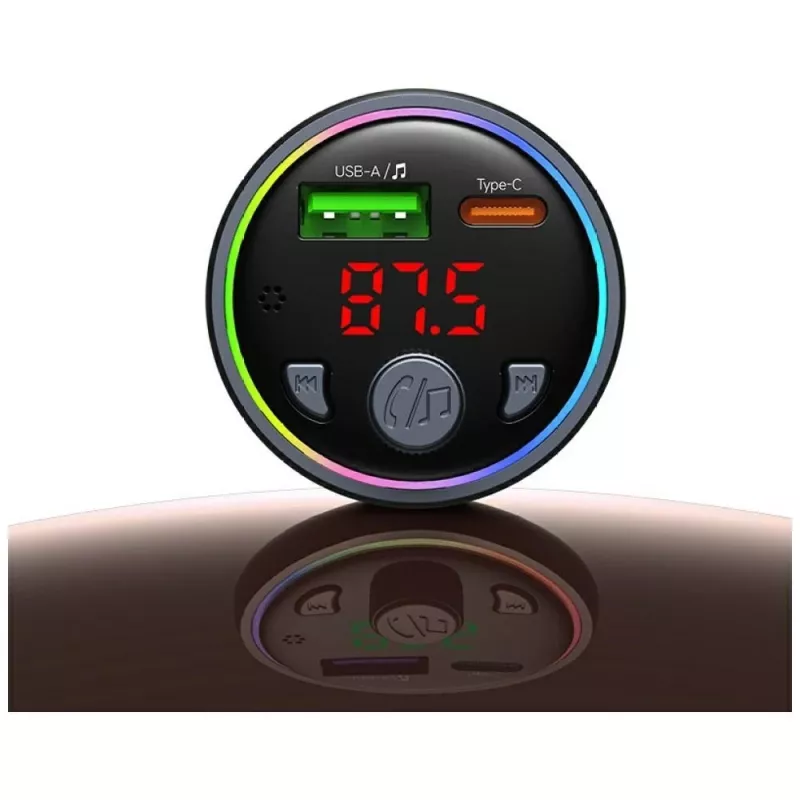 USAMS CC328 Transmisor FM Bluetooth de 30W Cargador de coche con USB-C PD y USB-A QC3.0, manos libres, indicador LED, negro