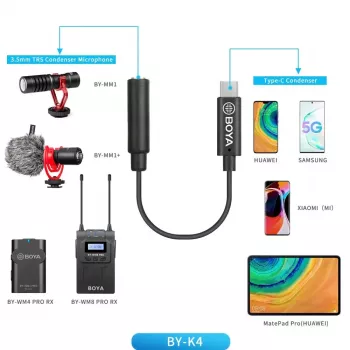 Cable adaptador BOYA BY-K4 de conector hembra TRS de 3,5 mm a conector macho USB-C para micrófonos (6 cm, negro)