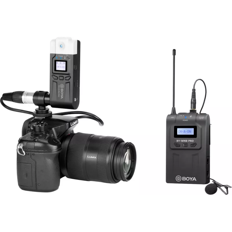 Sistema de micrófono de solapa inalámbrico UHF de doble canal BOYA BY-WM8 Pro-K7 con 48 canales, 100 m de alcance, receptor montable en cámara (568-590 MHz)