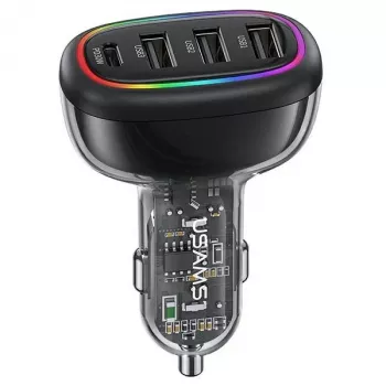 USAMS C34 48W PD cargador de coche de carga rápida con 1x USB-C y 3x USB-A - Negro