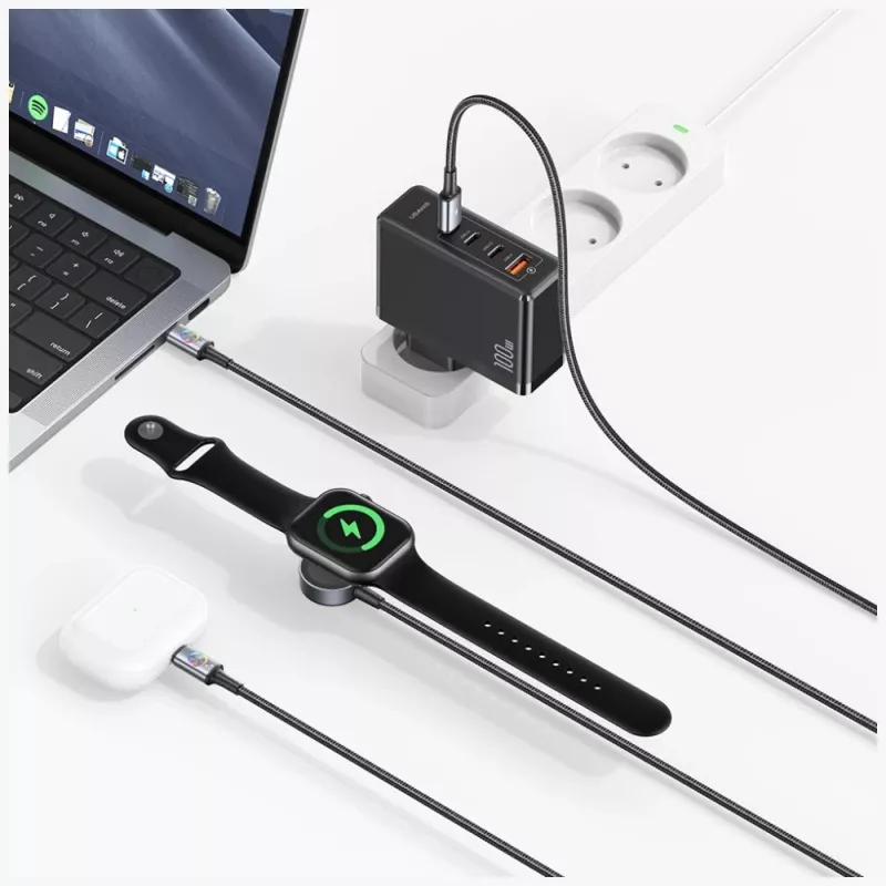 USAMS Huan Series cable de carga 3 en 1 con cargador inalámbrico 72W USB-C Gris oscuro
