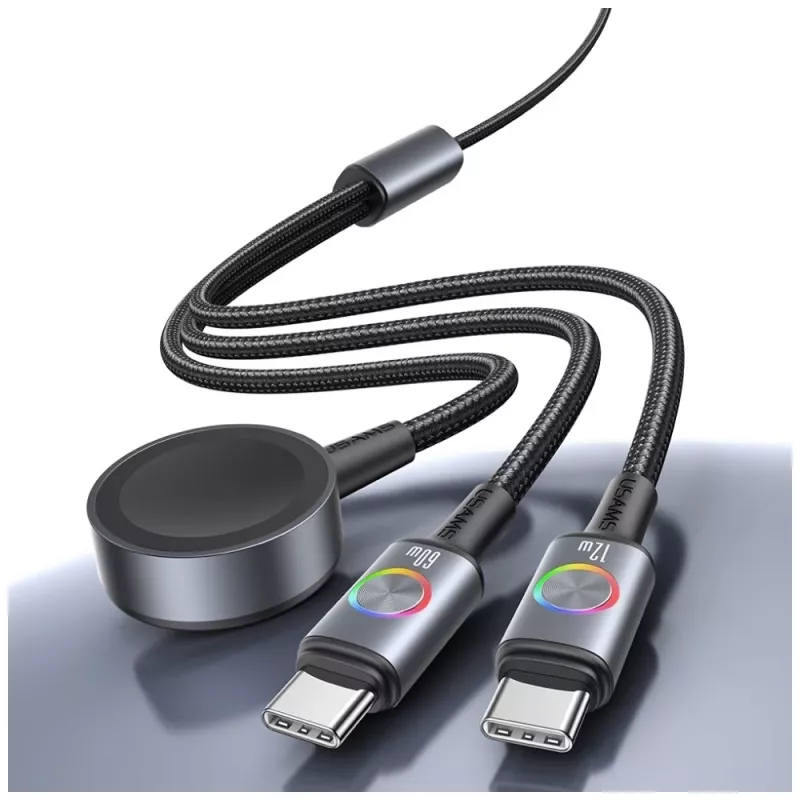 USAMS Huan Series SJ754 Cable USB-C a USB-C 72W con cargador inalámbrico magnético para smartwatch integrado, negro, 1,2 m