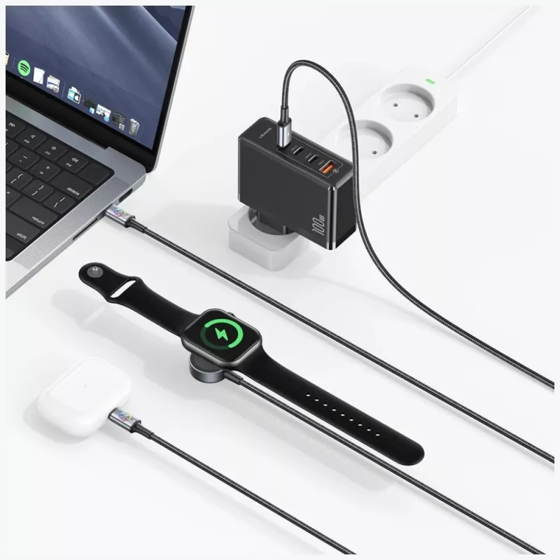 USAMS Huan Series SJ754 Cable USB-C a USB-C 72W con cargador inalámbrico magnético para smartwatch integrado, negro, 1,2 m