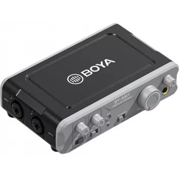 BOYA BY-AM1 interfaz de audio USB-C de 2 canales con entradas XLR/TRS, alimentación fantasma +48V y monitorización directa