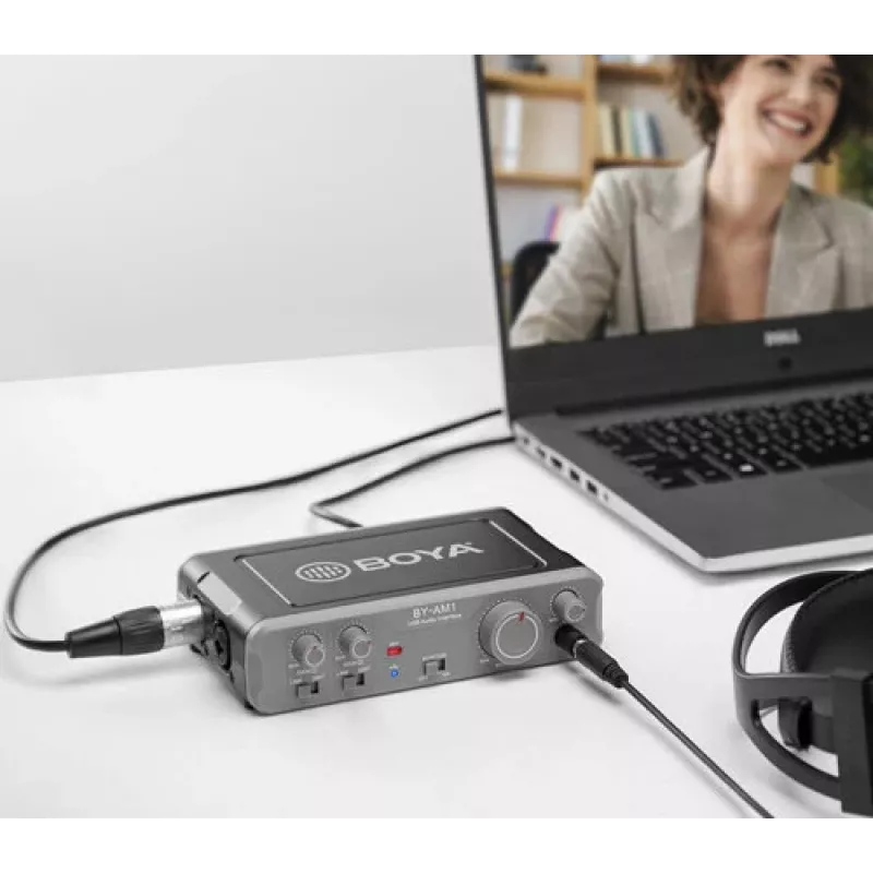 BOYA BY-AM1 interfaz de audio USB-C de 2 canales con entradas XLR/TRS, alimentación fantasma +48V y monitorización directa