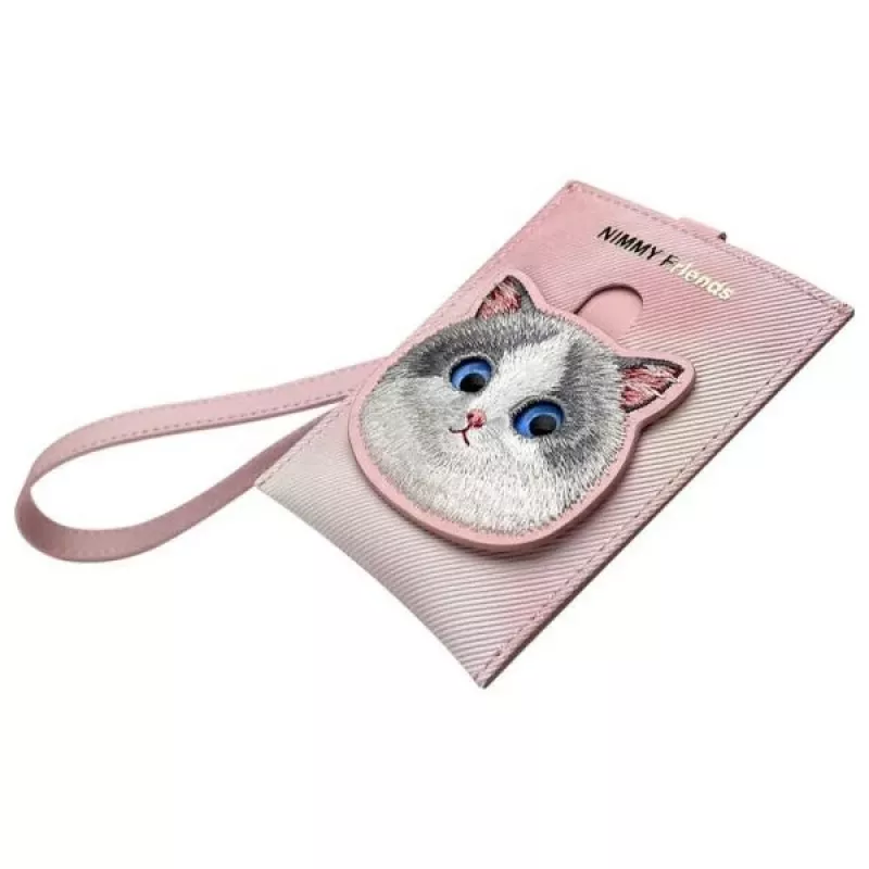 NIMMY Big Eyed Pet 2.0 tarjetero monedero de gato rosa de piel PU con 6 compartimentos para tarjetas, monedero y cremallera