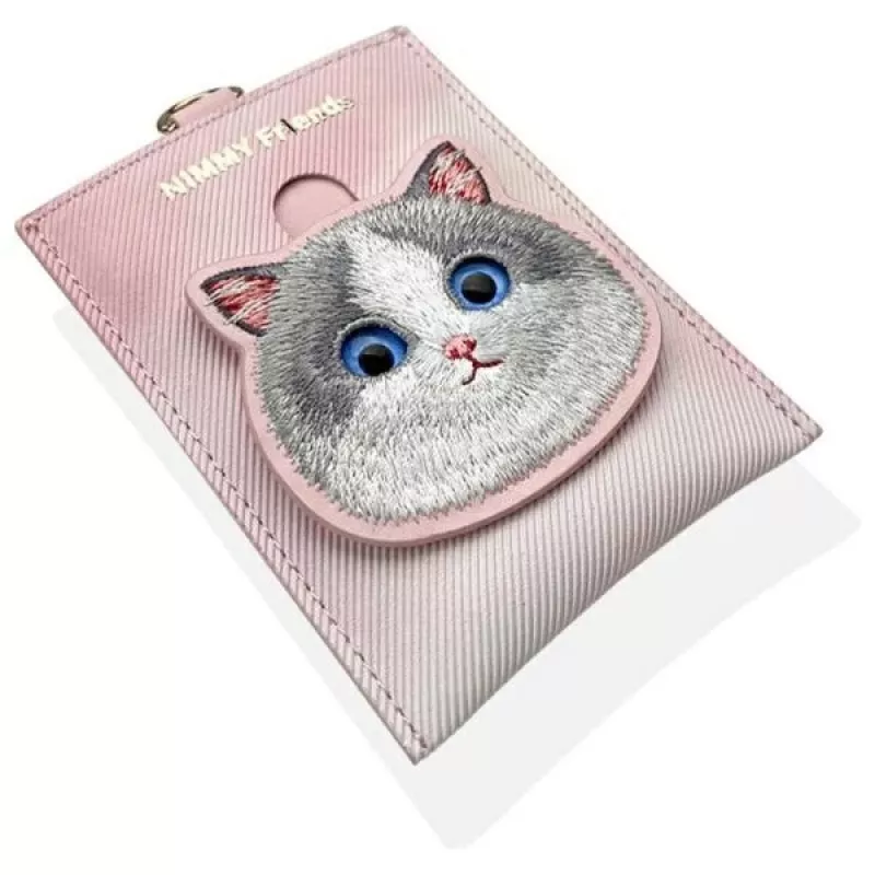 NIMMY Big Eyed Pet 2.0 tarjetero monedero de gato rosa de piel PU con 6 compartimentos para tarjetas, monedero y cremallera