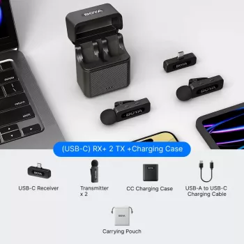 BOYA BY-V30 sistema de micrófono lavalier inalámbrico para dispositivos USB-C, 2,4 GHz, alcance 50 m, batería 9 horas, reducción de ruido, negro