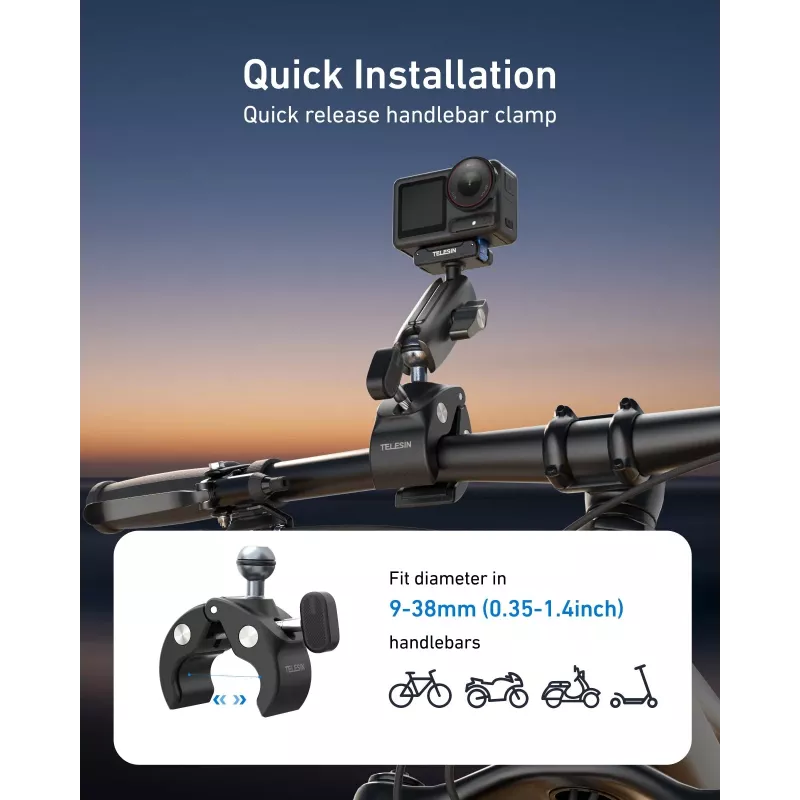 TELESIN Magic Arm Clamp Mount para DJI Osmo Action 5 Pro/4/3, Osmo 360, GoPro, Insta360 – S3-HBM-14-TDJ