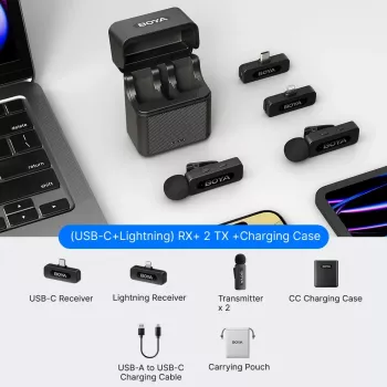 BOYA BY-V3 Combo Sistema de micrófono inalámbrico de 2,4 GHz con 2 transmisores y 2 receptores (Lightning y USB-C) - negro