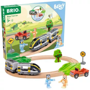 RAVENSBURGER World - Bluey set de tren | tren de juguete de madera con figuras Bluey y Bingo | 3 piezas | certificado FSC | compatible con BRIO World