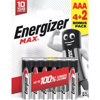 Energizer Max Pilas alcalinas AAA, 1,5 V, pack de 6 (4+2)
