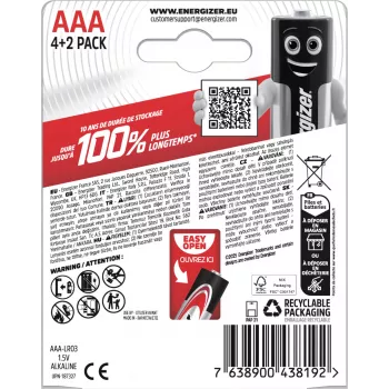 Energizer Max Pilas alcalinas AAA, 1,5 V, pack de 6 (4+2)