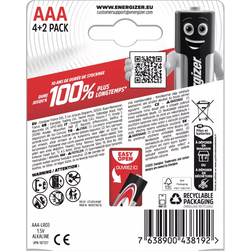 Energizer Max Pilas alcalinas AAA, 1,5 V, pack de 6 (4+2)
