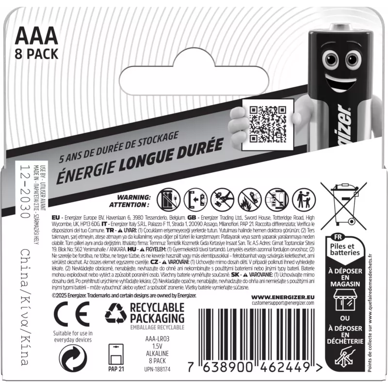 Energizer Everyday pilas alcalinas AAA/LR03, paquete de 8 (DHP8)