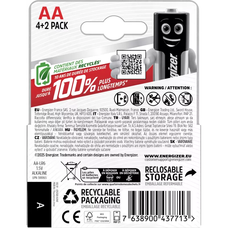Energizer Max pilas alcalinas AA, 1,5 V, pack de 6 (4+2)