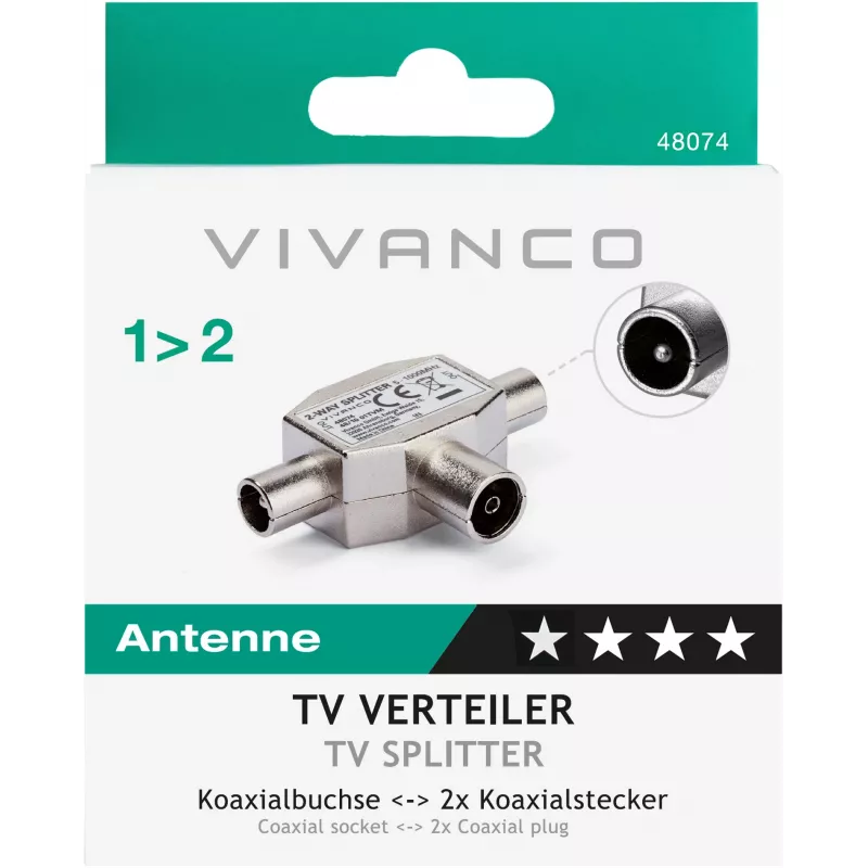 Vivanco distribuidor de antena de TV apantallado de 2 vías, toma coaxial a 2 conectores (VVANSHILD2M1F)