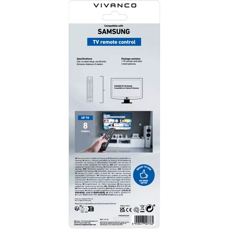 Vivanco VVREMOTESAM Mando a distancia universal para televisores Samsung, Negro
