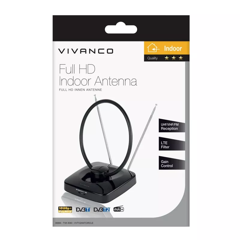 Vivanco VVTV2ANTCIRCLE antena interior para DVB-T/T2, DAB/DAB+ y radio FM, negro