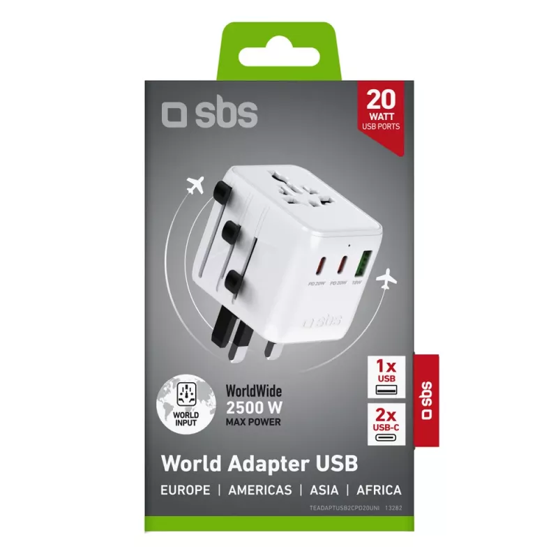 SBS adaptador de viaje universal con 2x USB-C PD 20W y 1x USB-A QC 18W, 35W de potencia total, blanco