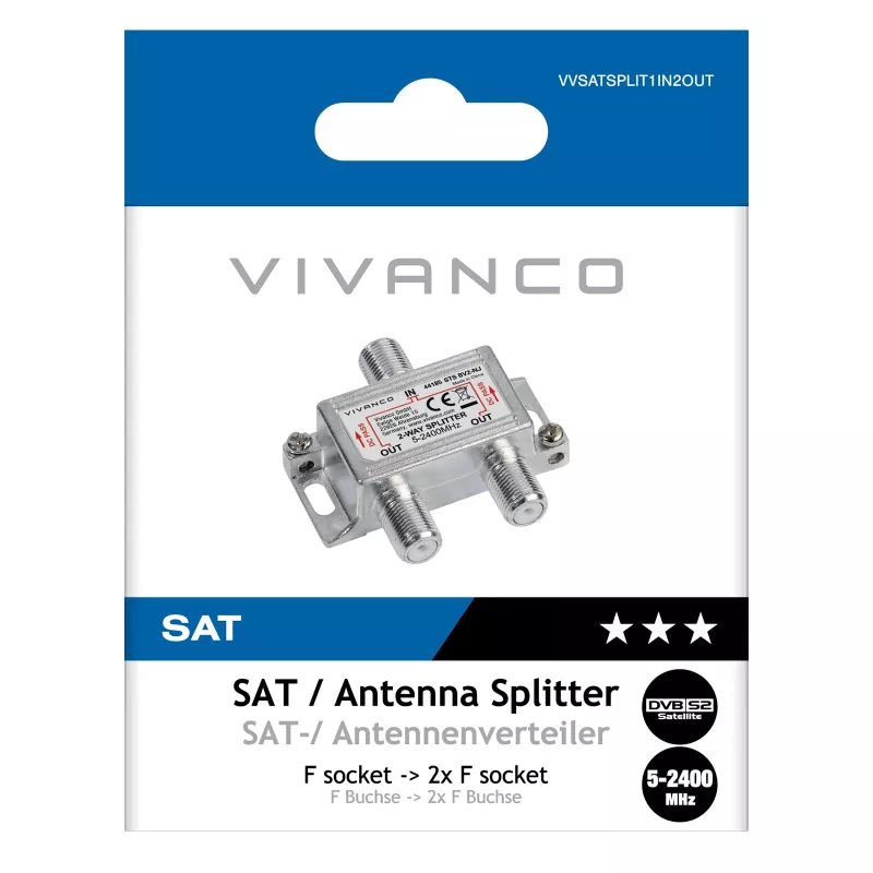 Vivanco VVSATSPLIT1IN2OUT distribuidor de satélite 1 entrada 2 salidas 5-2400 MHz conector F