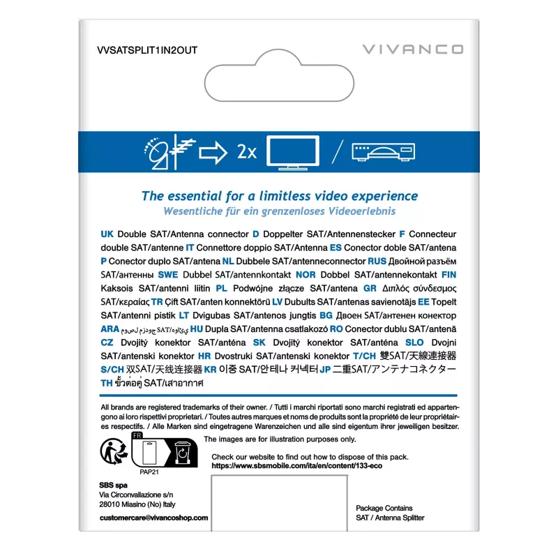 Vivanco VVSATSPLIT1IN2OUT distribuidor de satélite 1 entrada 2 salidas 5-2400 MHz conector F