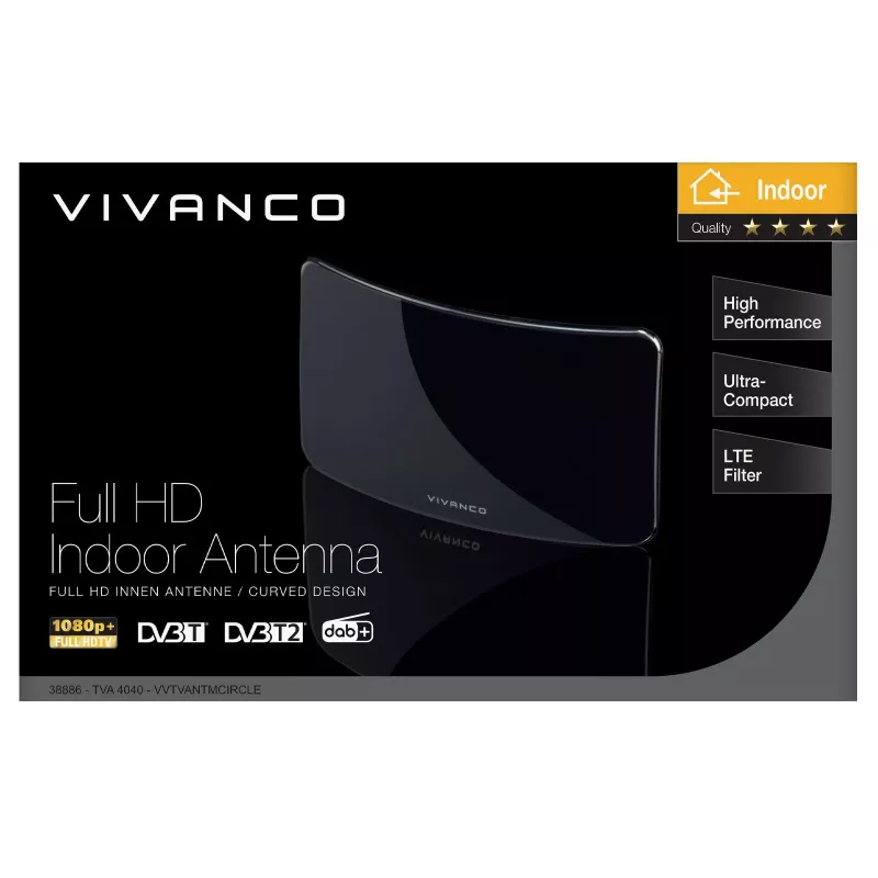 Vivanco VVTVANTMCIRCLE antena de interior para DVB-T/T2 con ganancia de 28 dB, filtro LTE/4G/5G, compatibilidad con DAB/DAB+, negra