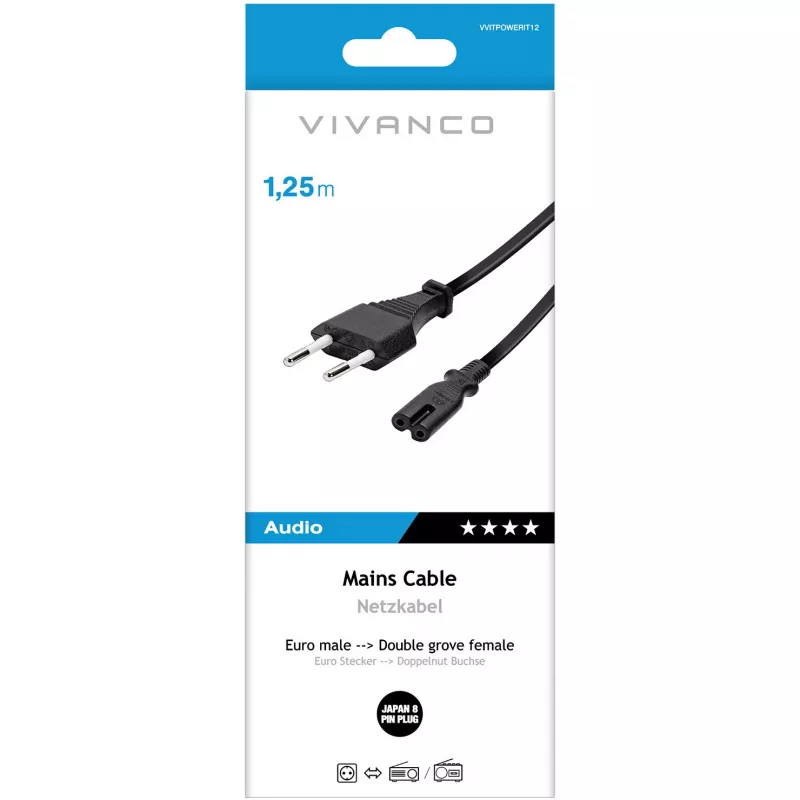 Vivanco cable de alimentación, enchufe EU a enchufe Japón de 8 pines, 1,25 m (VVITPOWERIT12)