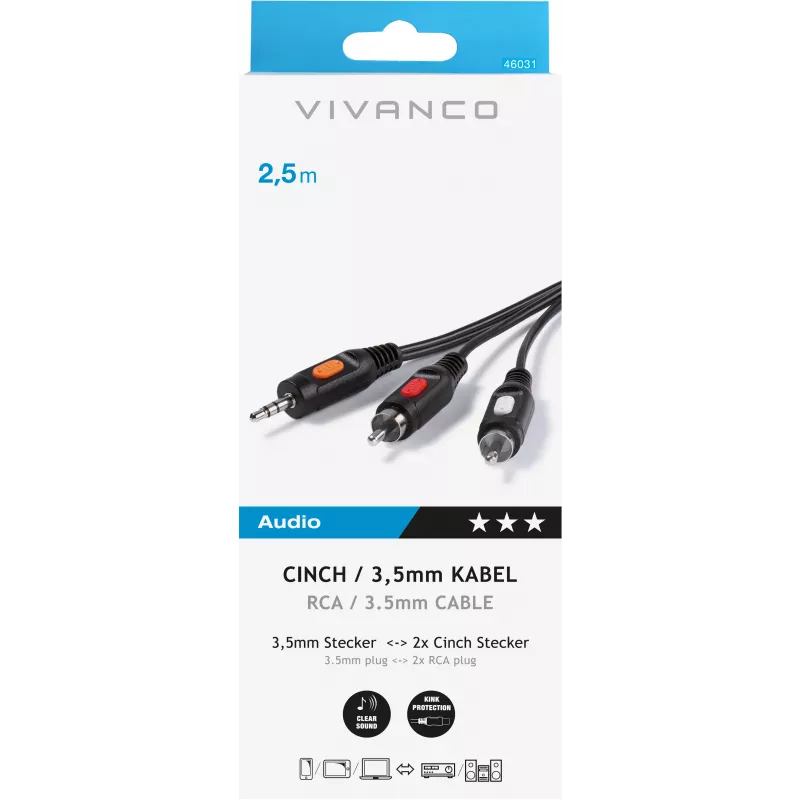 Cable de audio de 3,5 mm a 2xRCA Vivanco de 2,5 m (VVAJACK2RCA25MMK)