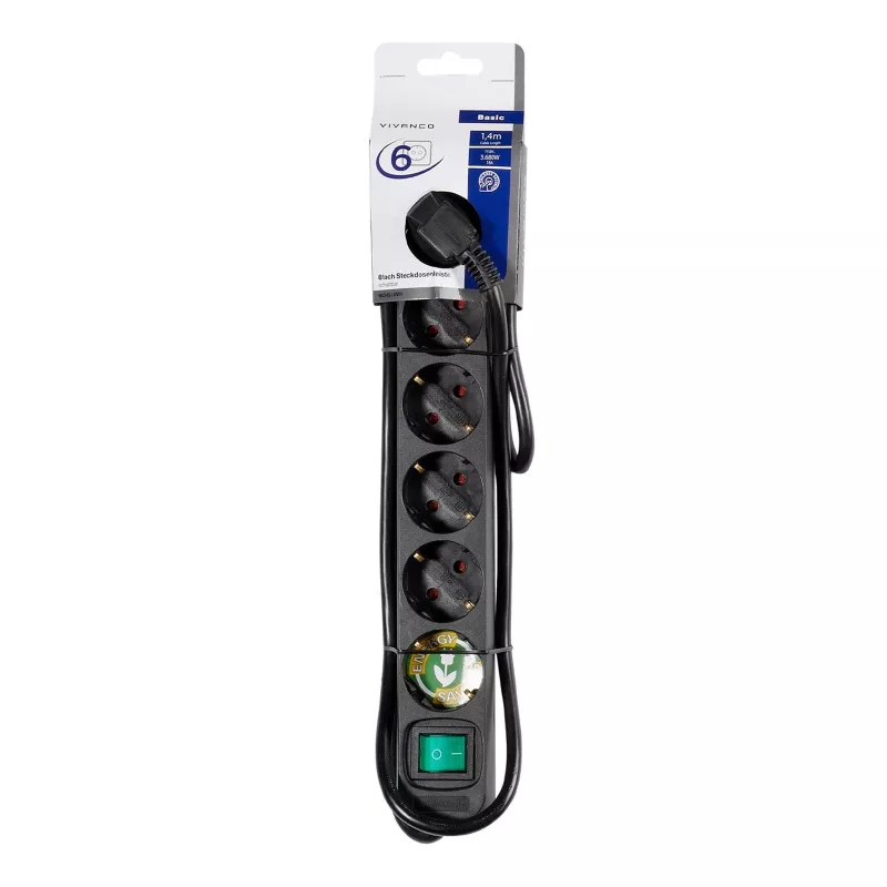 Vivanco VVELSTR6SCHSWK Regleta de 6 tomas con protección contra sobretensiones e interruptor principal, negra