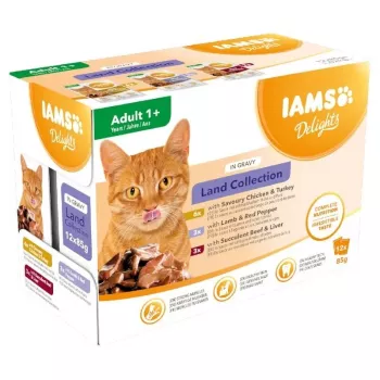 EUKANUBA IAMS DELIGHTS Land Collection en salsa alimento húmedo para gatos, 12 x 85g sobres, adult, pollo, cordero y pavo