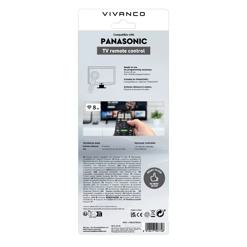 Vivanco VVREMOTEPANA mando a distancia universal para TVs Panasonic – preprogramado, IR, negro